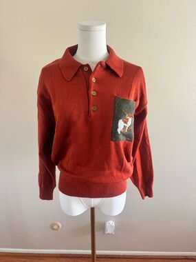 Simple Retro Polo-Neck Sweater with Embroidered Pocket Dog Detail